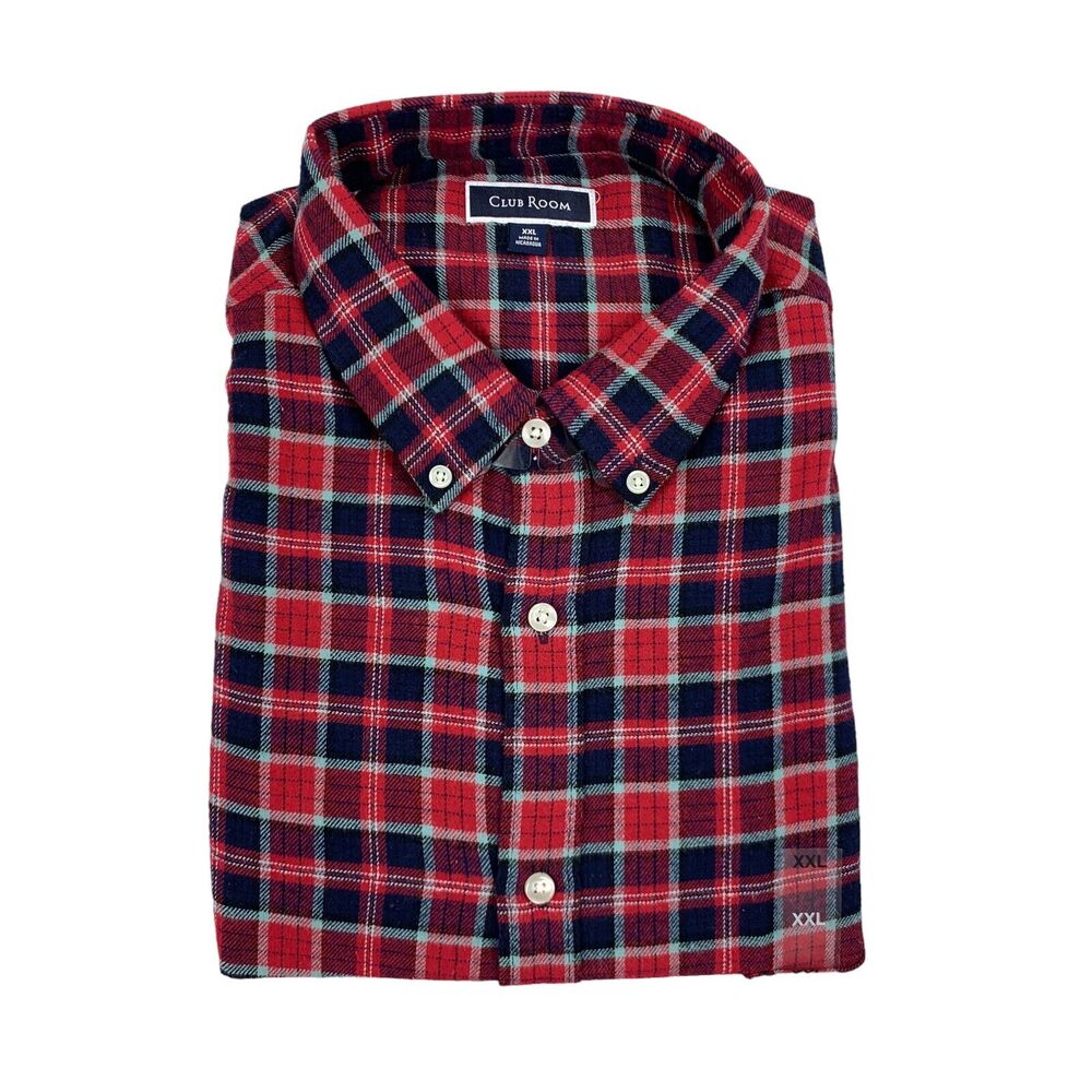 Club Room Mens Plaid Flannel Regular Fit Button Down Shirt Red Navy Blue 2XL